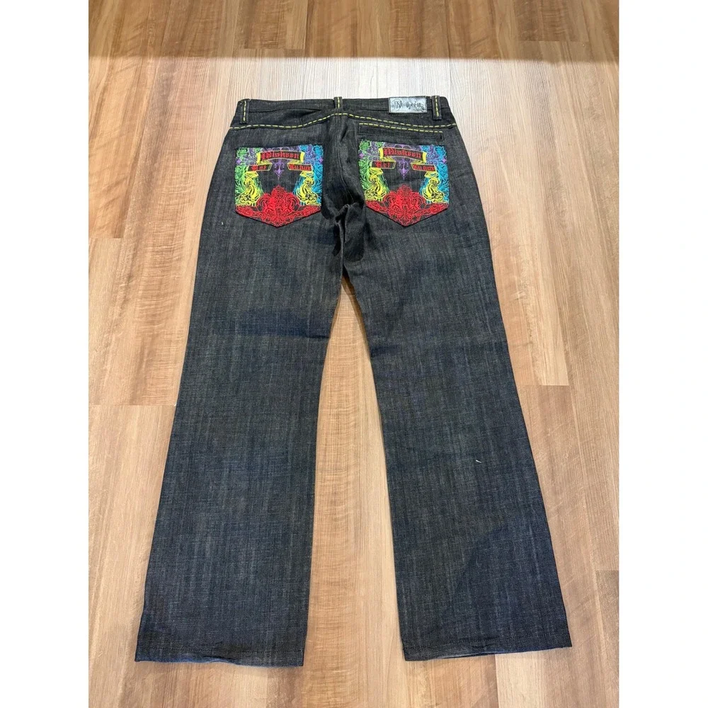 Miskeen Art Culture Jeans Mens 38 Black Denim Y2K Embroidered Streetwear Baggy
